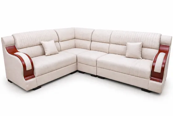 L-Shaped Sofa, Ivory with Wooden Arm Accents