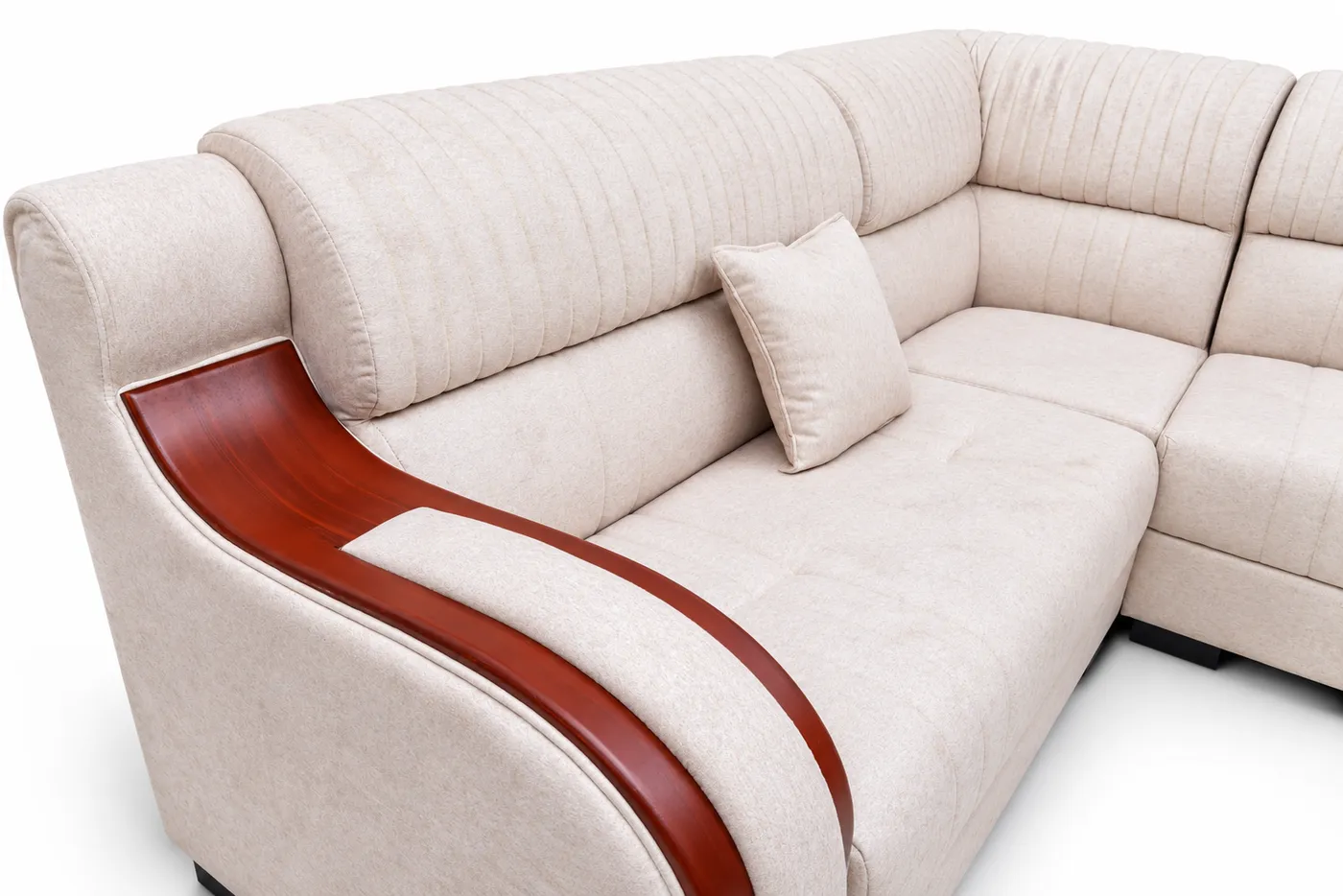L-Shaped Sofa, Ivory with Wooden Arm Accents, photo 2