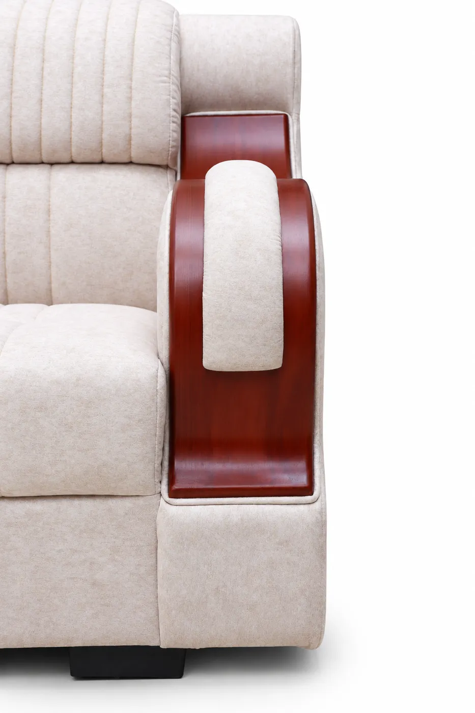 L-Shaped Sofa, Ivory with Wooden Arm Accents, photo 4