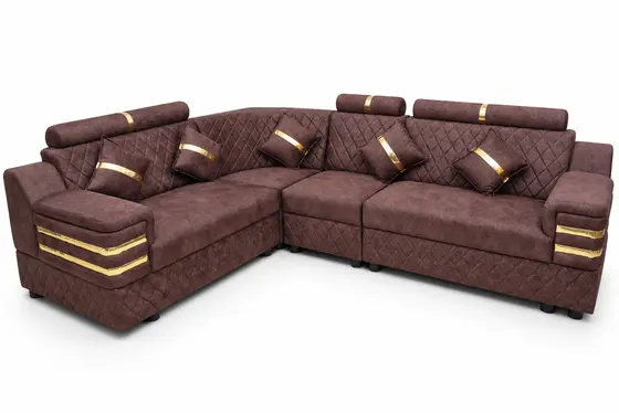 L-Shaped Sofa, Maroon Quilted with Gold Trim