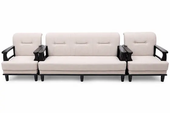 Sofa Set 3+1+1, Cream with Black Wooden Frame