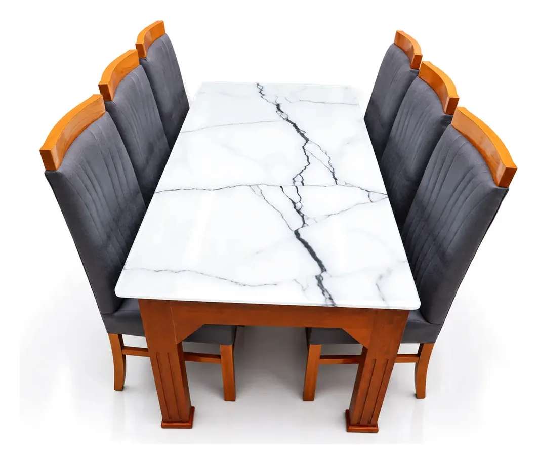 6-Seater Dining Set, Grey Chairs, Marble-Look Top, photo 2