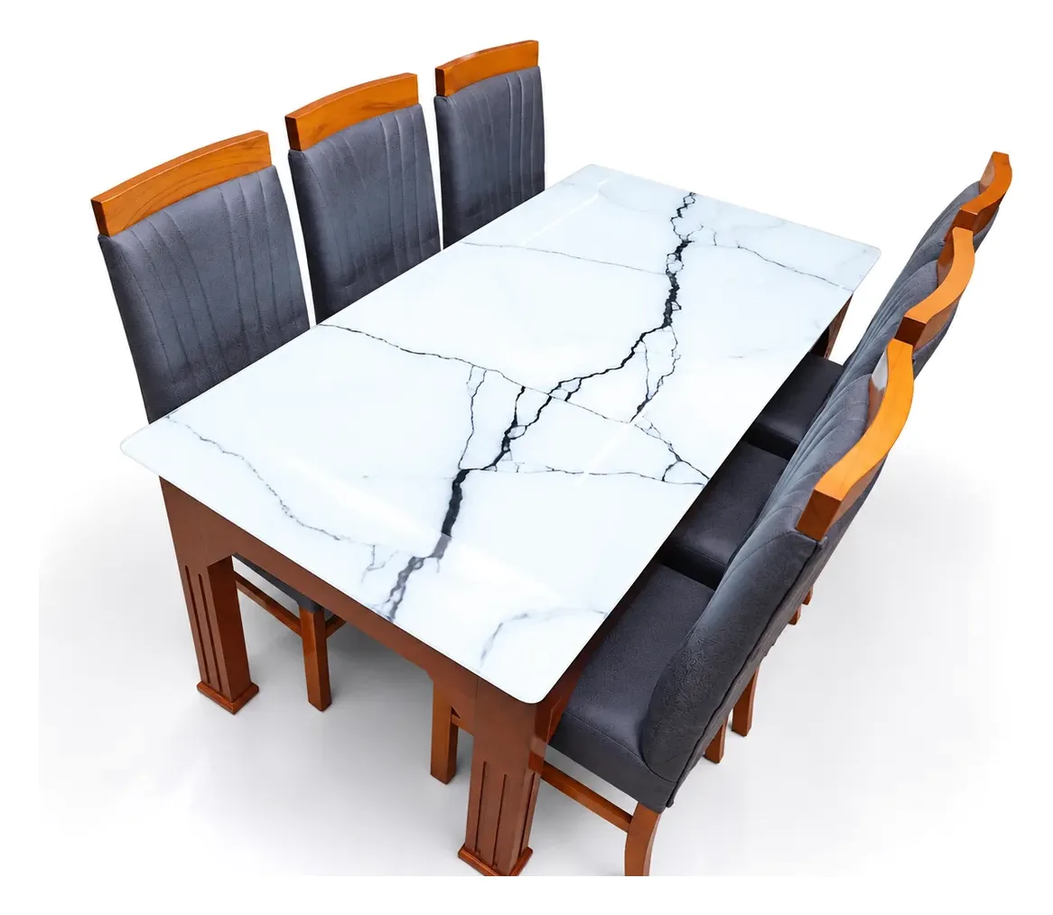 6-Seater Dining Set, Grey Chairs, Marble-Look Top, photo 3