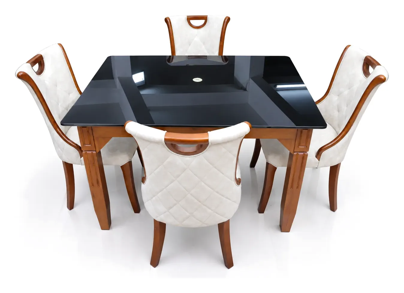 4-Seater Dining Set, Black Glass, Cream Tufted Chairs, photo 2