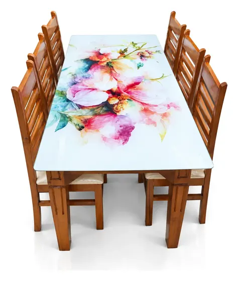 6-Seater Dining Set, Floral Print Glass Top