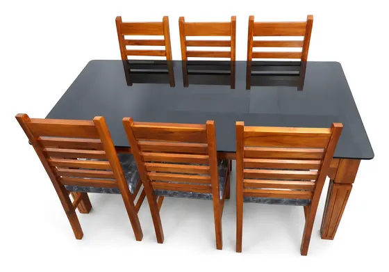 6-Seater Dining Set, Black Glass, Leather-Look Seats