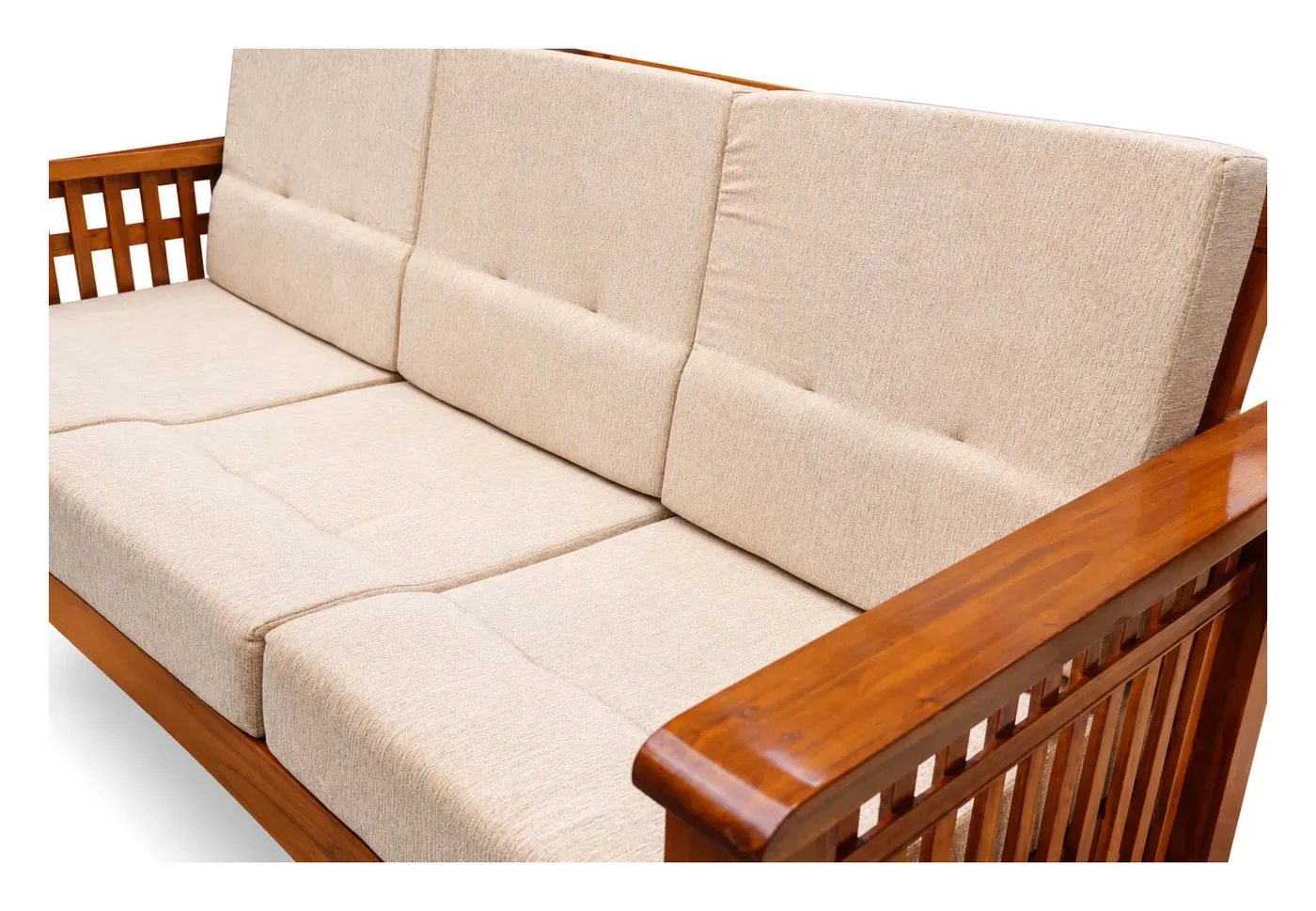 3-Seater Wooden Sofa, Cream, Slatted Arms, photo 3