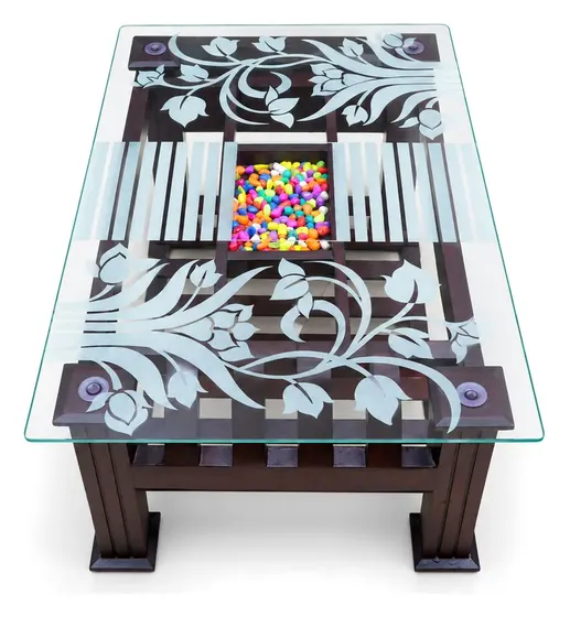 Centre Table, Dark Wood, Frosted Floral Glass