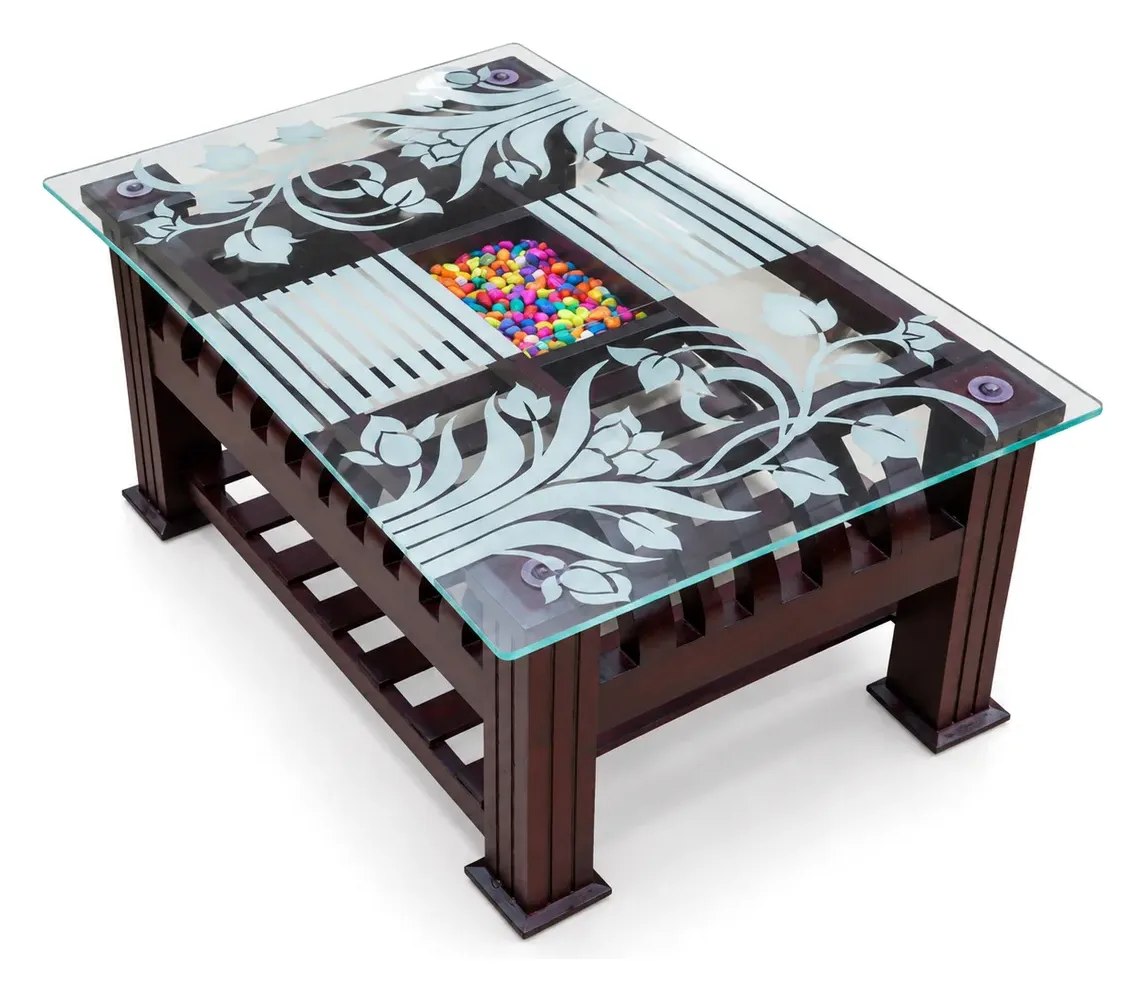 Centre Table, Dark Wood, Frosted Floral Glass, photo 3