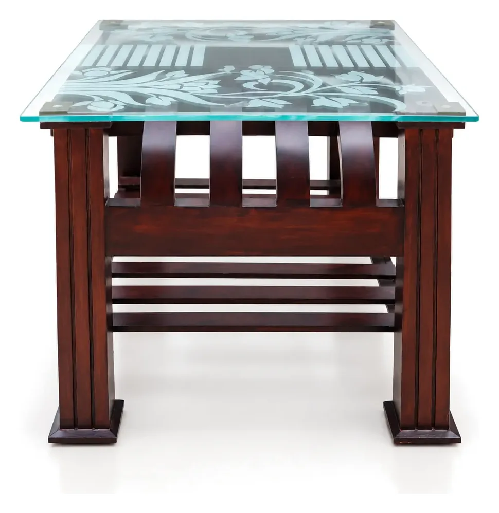 Centre Table, Dark Wood, Frosted Floral Glass, photo 5