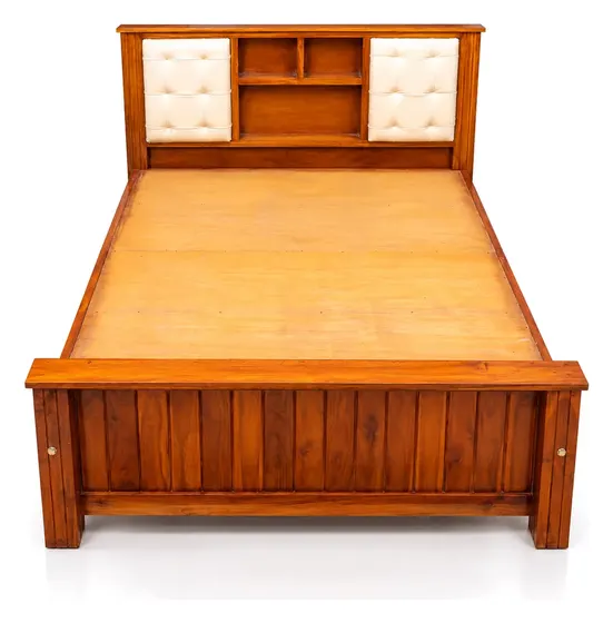 Wooden Bed, Tufted Headboard with Shelves